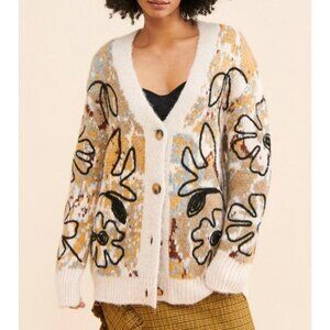 Free People Alexis Floral Cardigan Women L Chunky Knit Slouchy Cozy Boho Chic